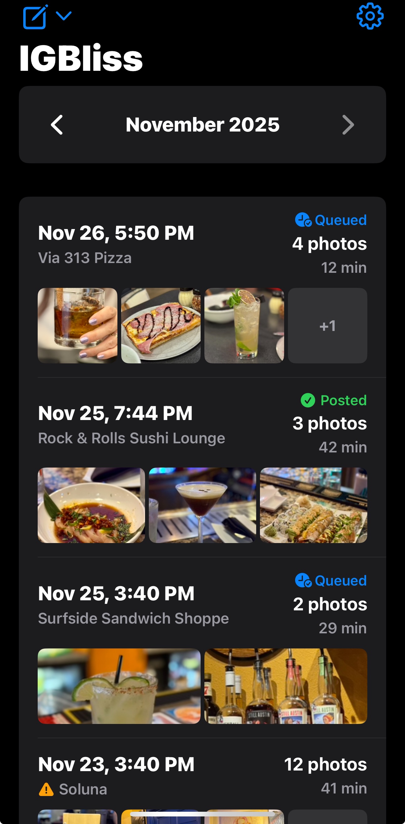 IGBliss app screenshot showing photo clusters organized by venue